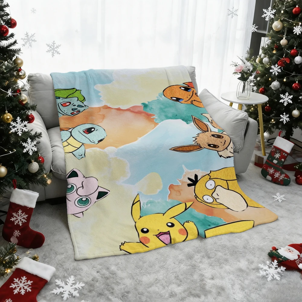 Pokemon Pikachu Gengar Bulbasaur Charmander Squirtle Psyduck Flannel Throw Blanket Soft Warm Blanket for Sofa Bed Home Decor Gif