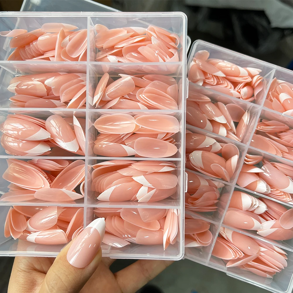 

360 шт./кор. телесный розовый акриловый миндально-белый край, французский пресс на ногтях, накладные ногти, глянцевые, носимые, с полным покрытием, пресс на кончиках ногтей