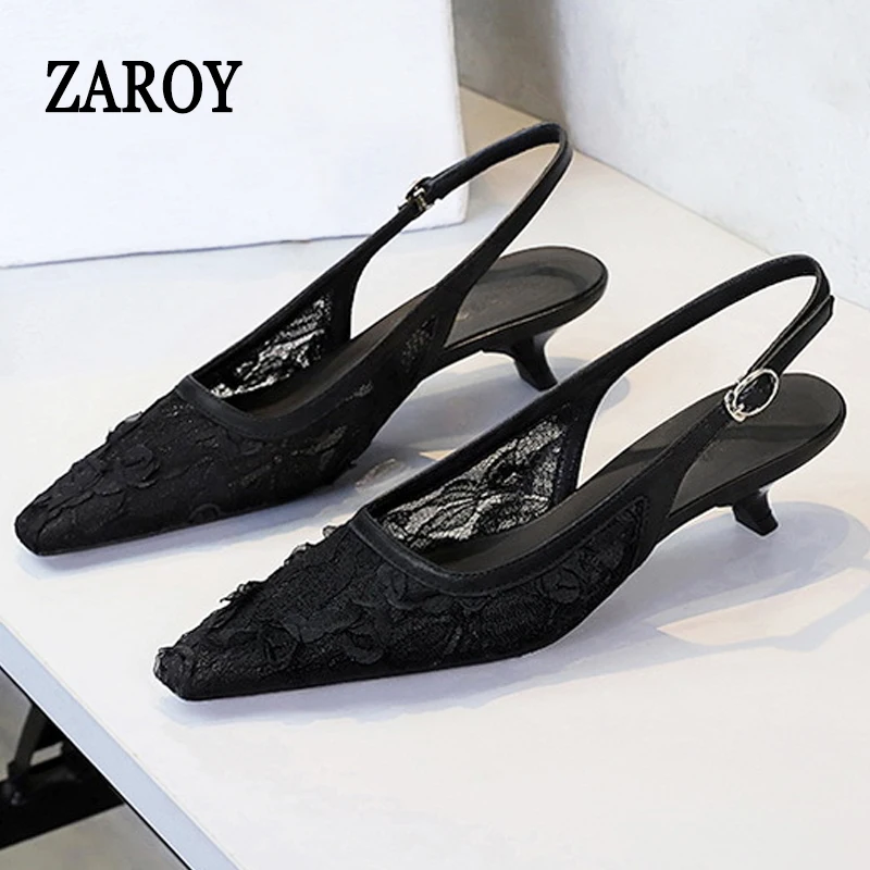 

ZAROY Sexy Lace Mesh Embroider Pointed Ladies Slingbacks Elegant Party Wedding Low Heels Women Sandals мюли женские на каблуке