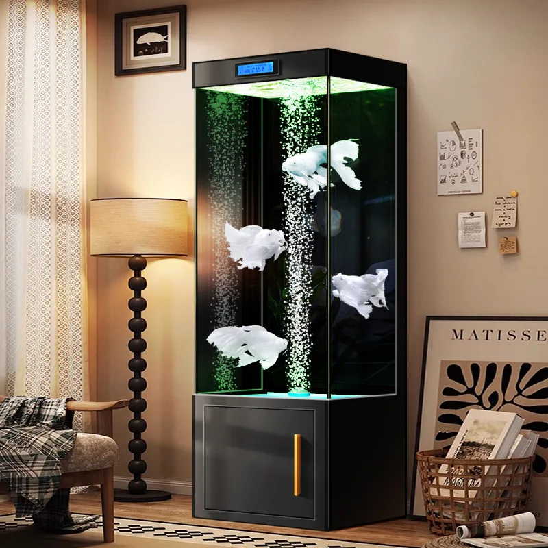 Living room vertical small fish tank self-circulation water-free goldfish tank ultra-white glass TV cabinet next to smart aquari