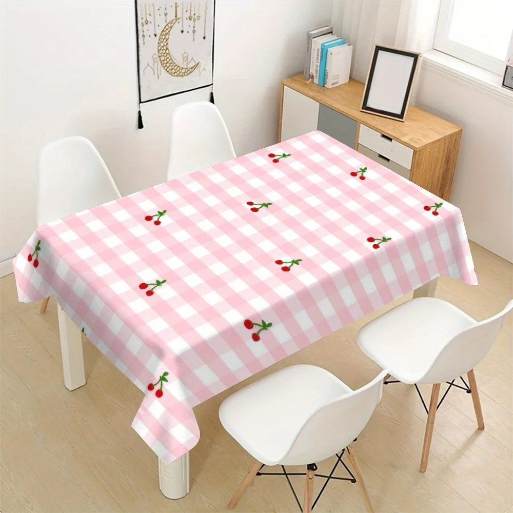 Cherry Gingham Tablecloth, Pink White Base Plaid Cherry Art Print, Anti-stain Table Cover for Dining Table & Family Party Decor