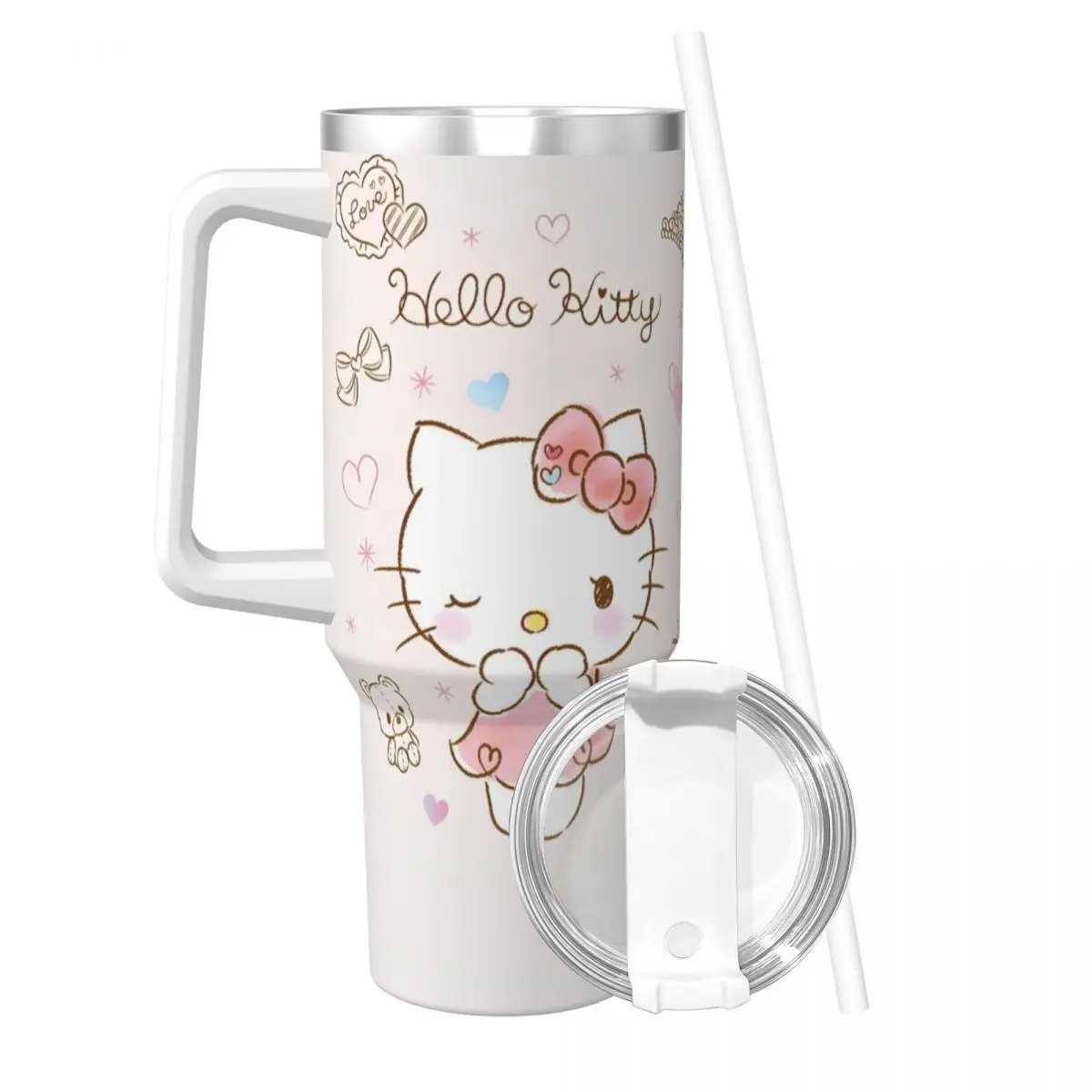 Japanese Sanrio Hello Kitty Kawaii Cartoon Cat Stainless Steel Tumbler Thermal Cups With Straws and Lid Mugs Cup Water Bottle