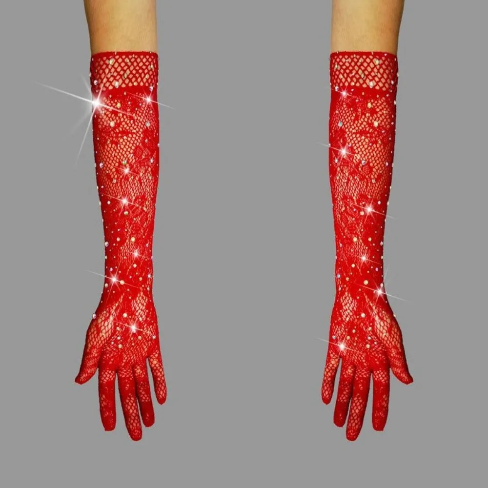 Новые сетчатые длинные варежки, праздничное платье, косплей, ажурные перчатки, танцевальный костюм, блестящие перчатки со стразами, сексуальные
