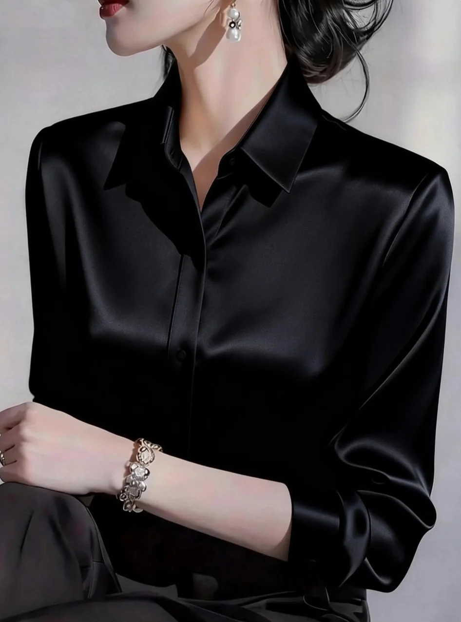 

Women's Long Sleeve Satin Button Down Shirt Classic Collar Elegant Office Blouse