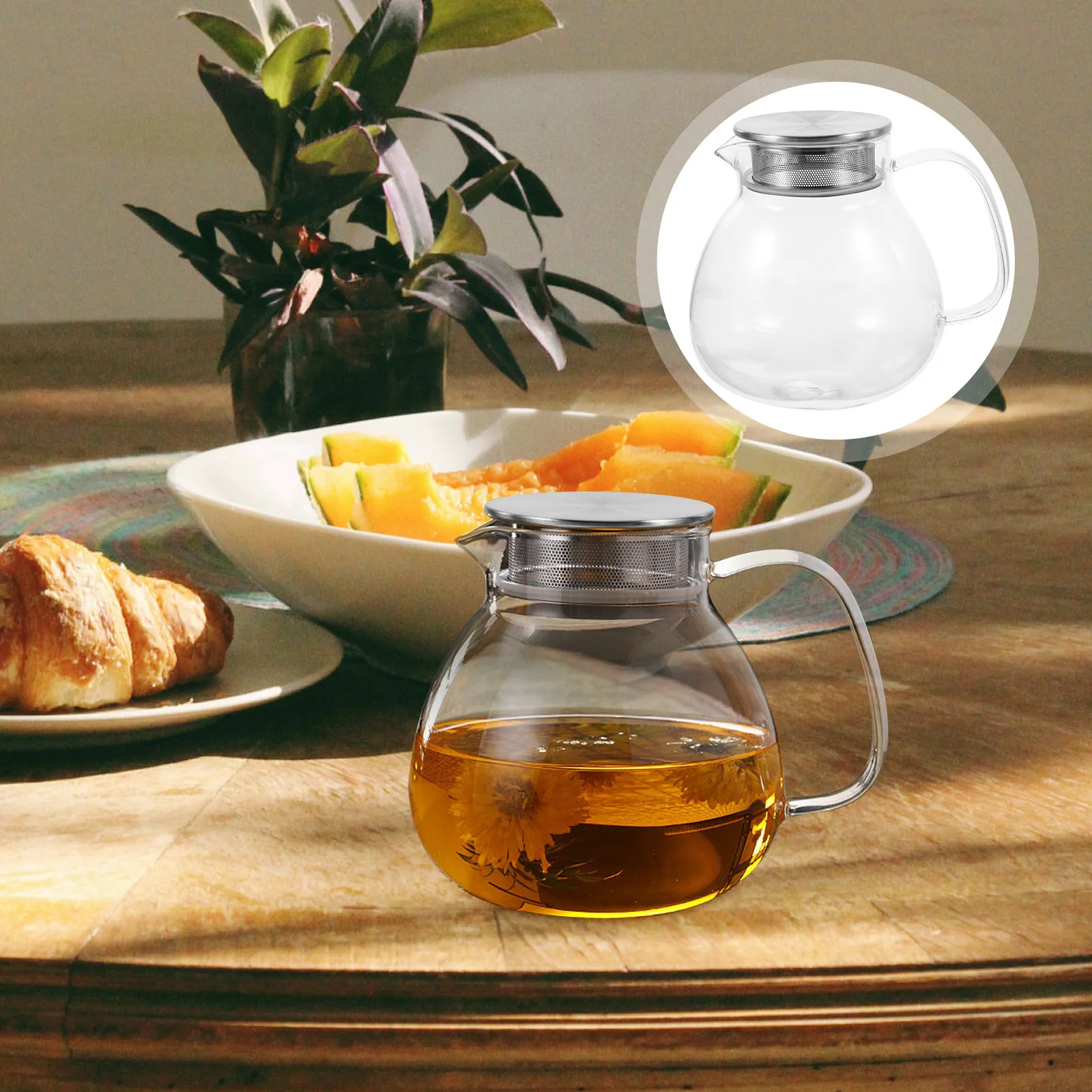 

1Set Glass Tea Pot Home Kitchen Use Handheld Tea Kettle 1000ml Borosilicate Glass Scratch Resistant Infuser