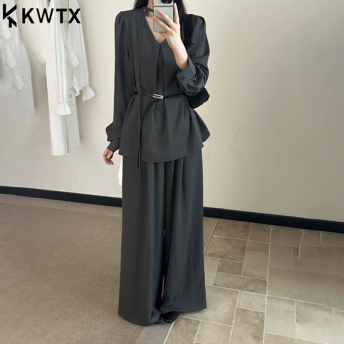 

KWTX Women Two Piece Set 2025 Spring Summer Pleated V Neck Pullover Top Drawstring Waist Casual Pants Slim Fit Elegant Comfort