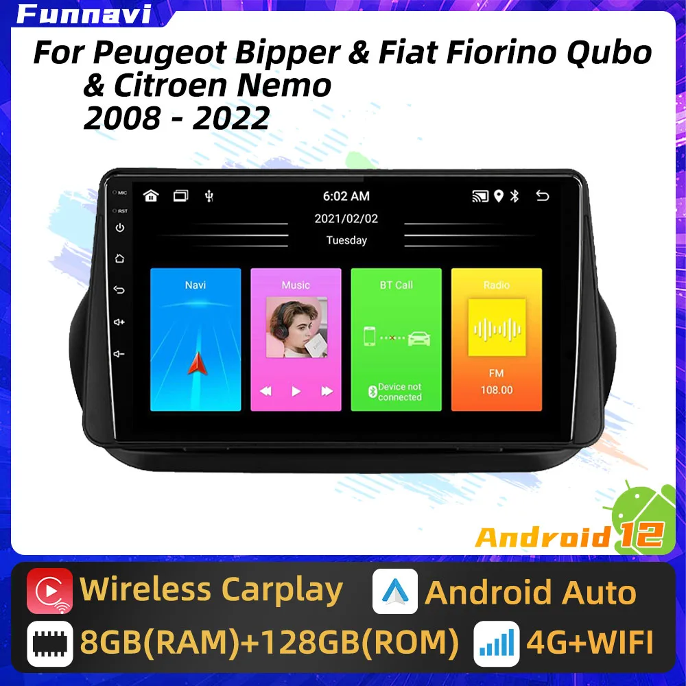 

Для Peugeot Bipper Fiat Fiorino Qubo для Citroen Nemo 2008-2022 Carplay GPS-навигация 2 Din Android Автомагнитола Стерео Авто