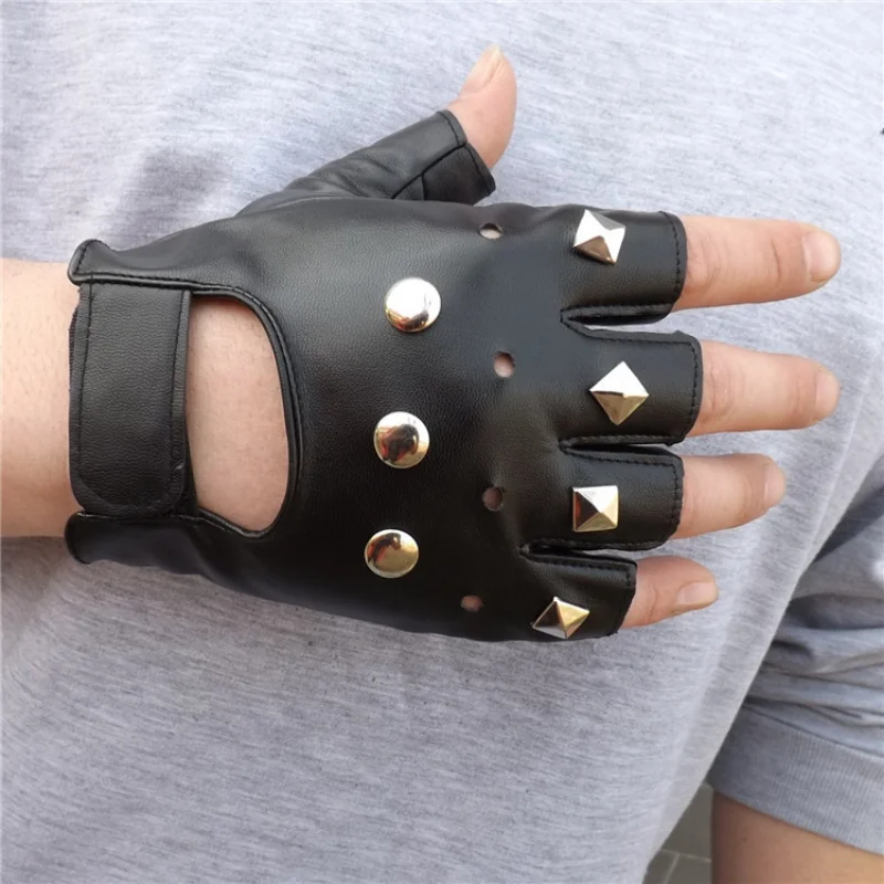 Black Studded PU Leather Fingerless Gloves Fashion Hip Hop Gym Punk Half Finger Gloves for Adult Halloween Cosplay Gloves