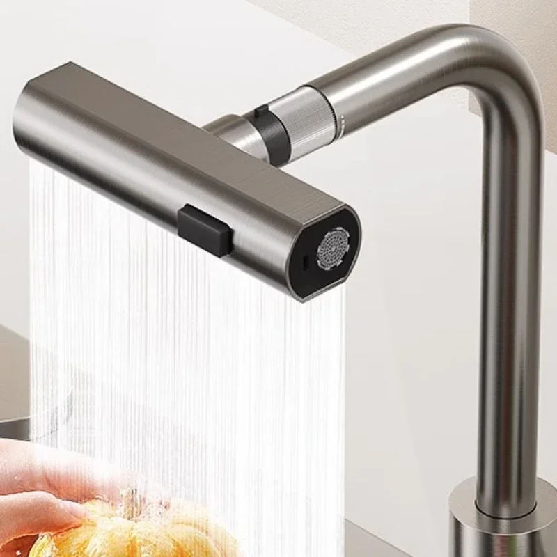 Waterfall Kitchen Faucets Hot Cold Mixer Rainfall Spray Bathroom Basin Sink Faucet 3 Model Rotation Stainless Steel Tap