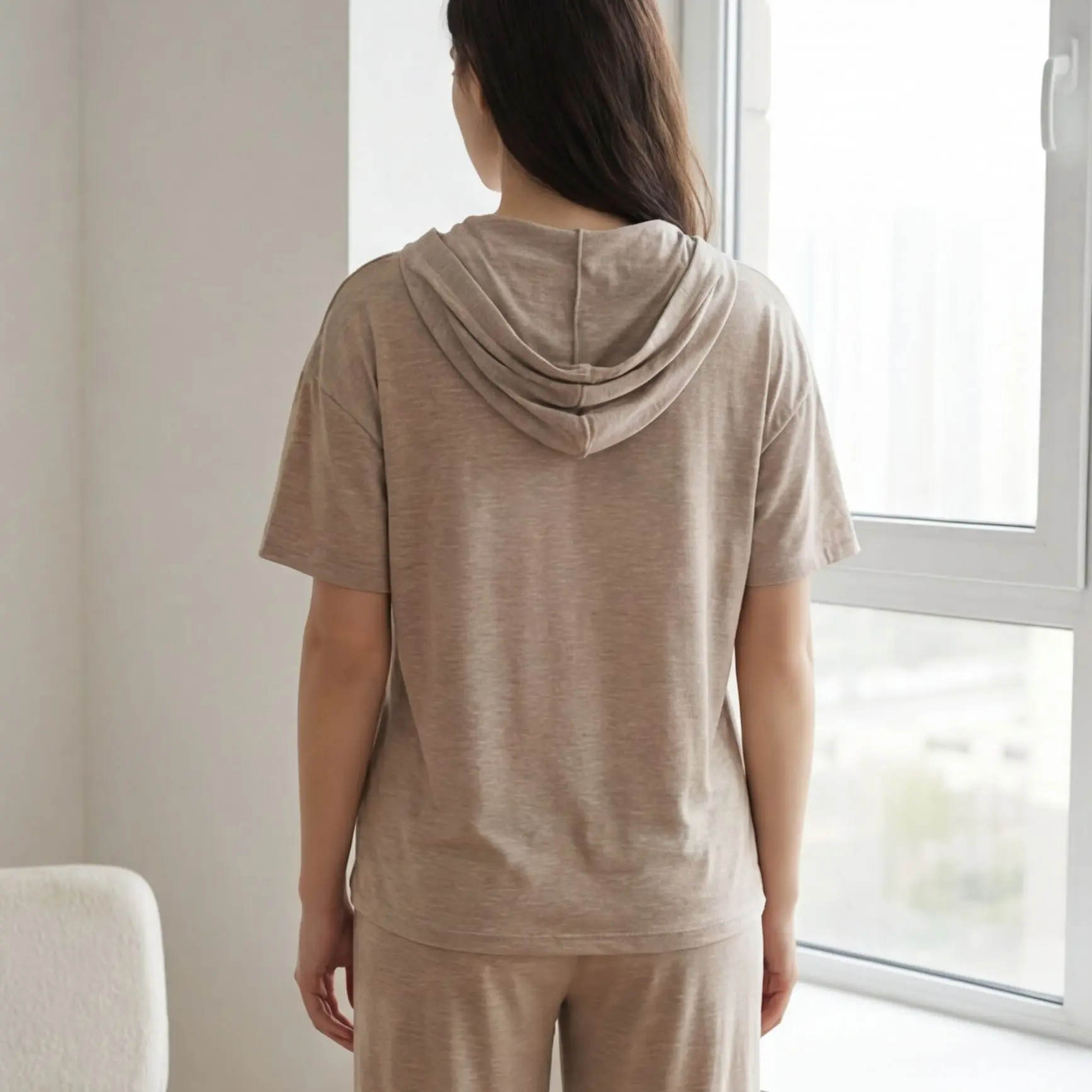 New Women's Summer Sleepwear Set Short Sleeve Hooded Home Clothes Pure Color Cotton Casual Two-Piece Set Breathable Comfortable