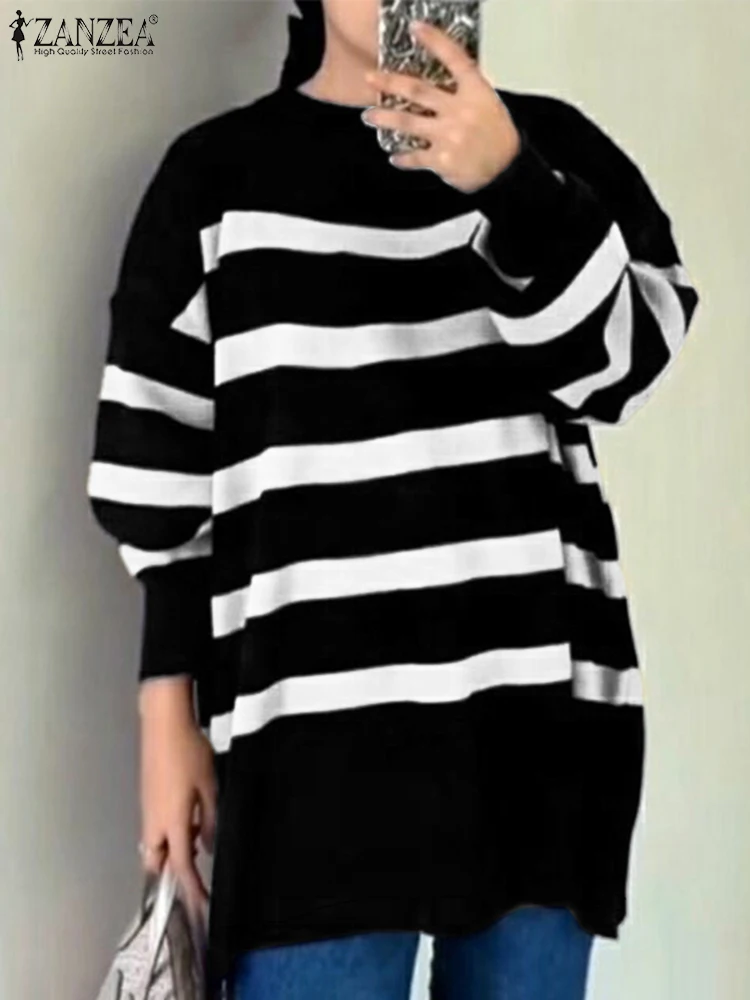 2024 ZANZEA Fashion Women's Tops Autumn O Neck Long Sleeve Muslim Blouse Casual Striped Pullover Loose Abaya Hijab Blusas Mujer