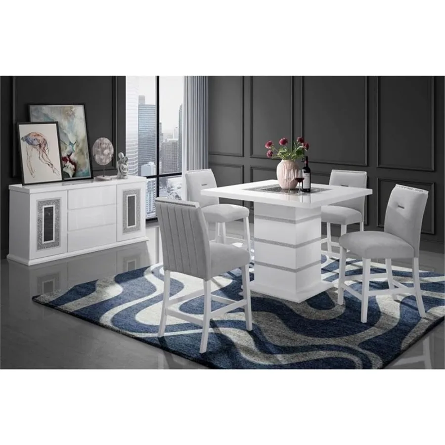Bar stool set of 2 for home bar use, light gray and white fabric upholstery, soft texture and breathable comfort