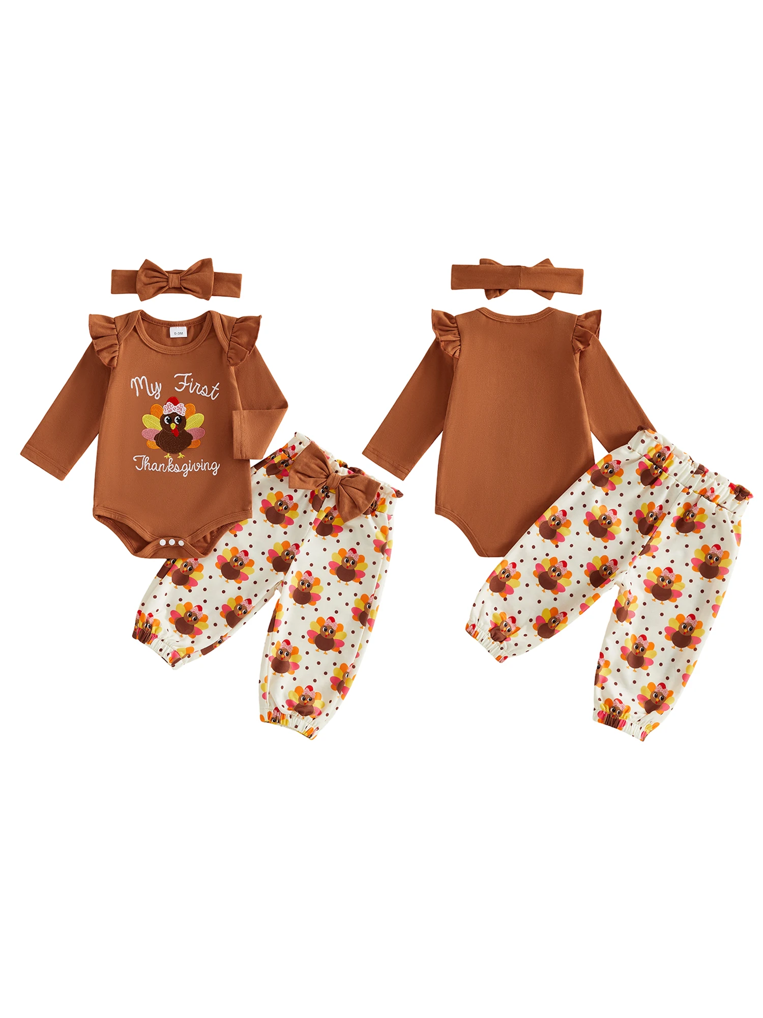 Romper Pants Girl Thanksgiving Outfit Pants- -Headband Outfit Baby Girl Outfit Turkey Embroidery Embroidery Romper Pants