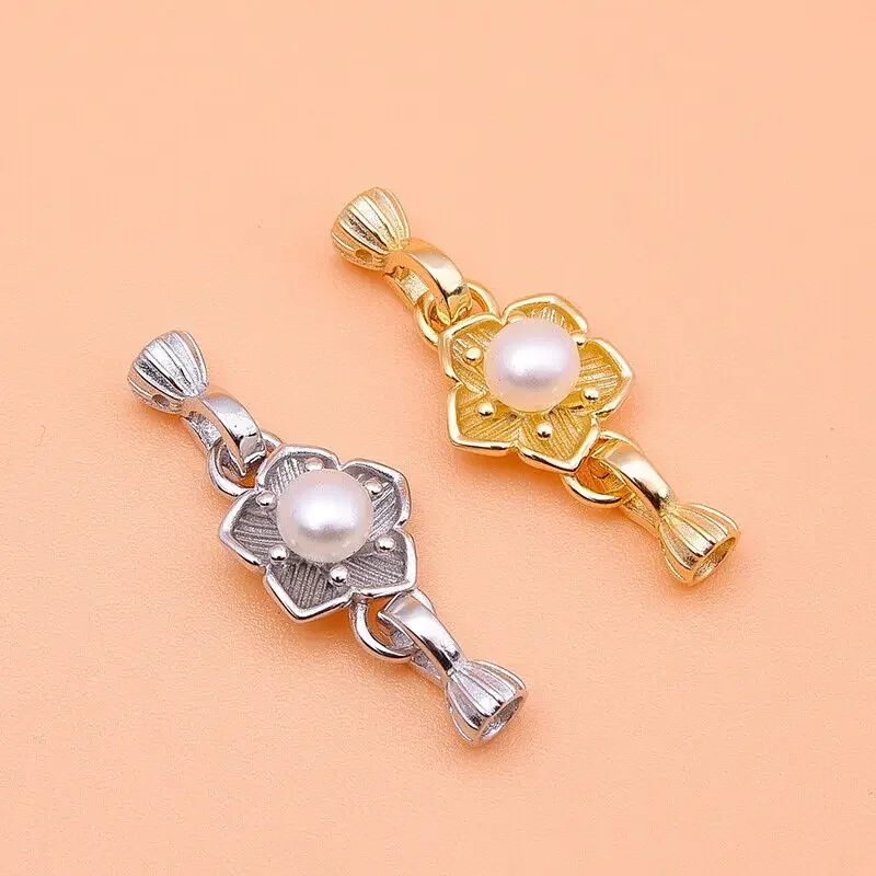 

925 Sterling Silver Gold Plated Buckle Accessories Freshwater Pearl Flower Connection Buckle Handmade DIY Bracelet Necklace