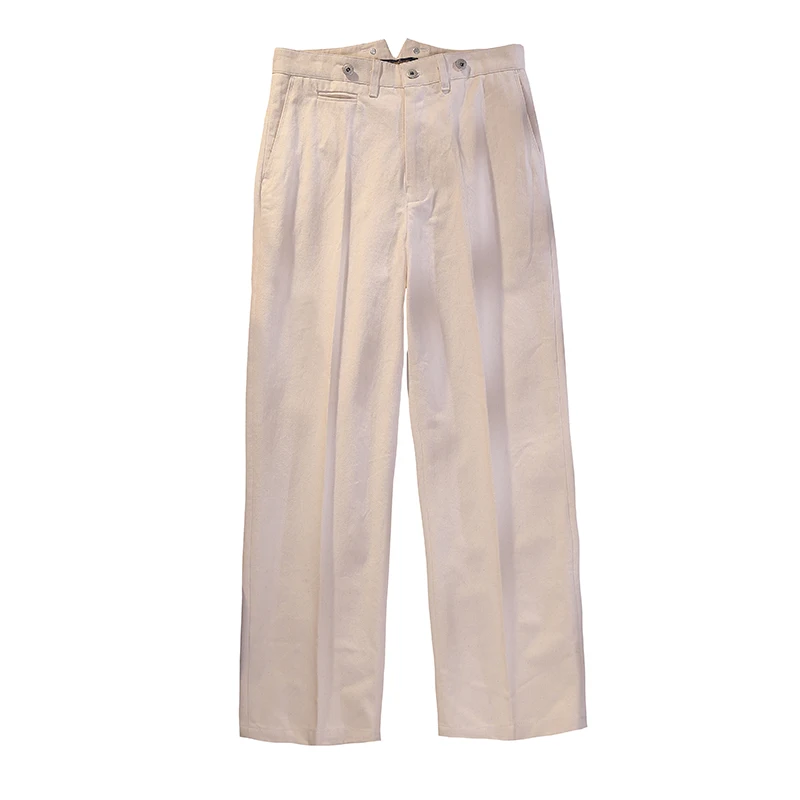 POT&CRAFTSMAN Beige Fishtail Waist Officer's Pants Vintage Deck Loose High Waist Straight Leg Casual Pants Cotton Wide Leg Pants