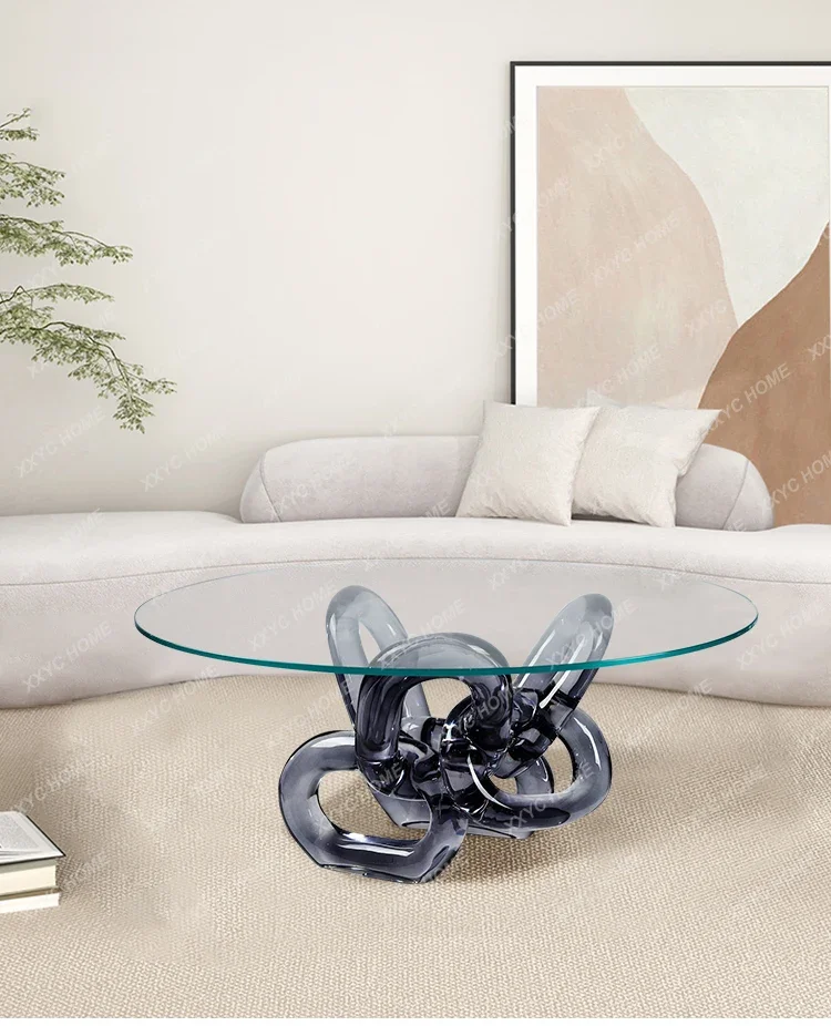 Simple modern living room household round coffee table transparent  side table tempered glass table