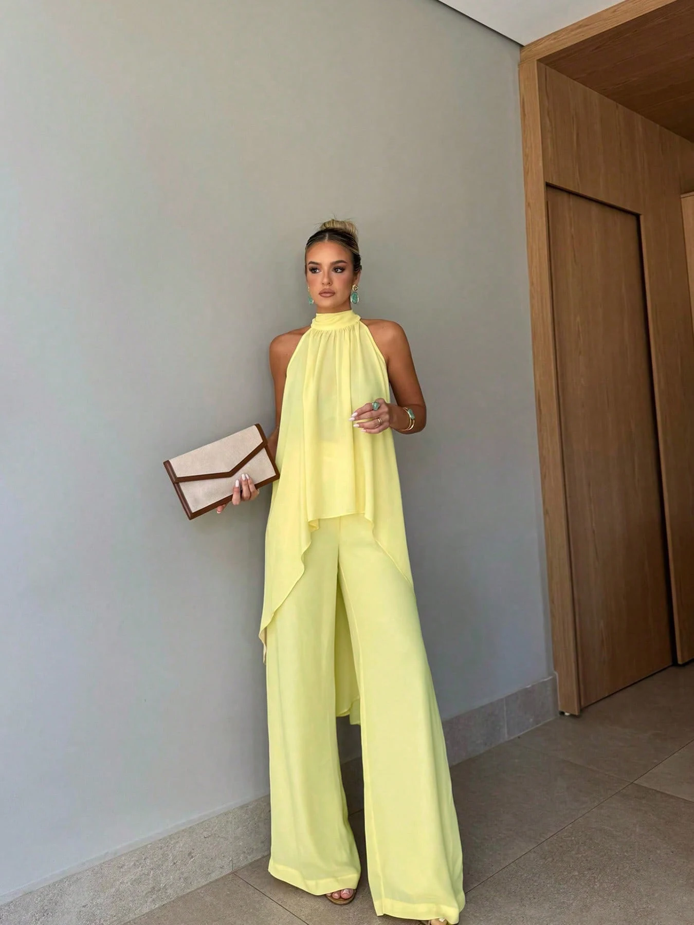 Ladies Elegant Chiffon Solid Color Semi-Transparent Top Bottoms Set Fashionable Translucent Outfit for Women
