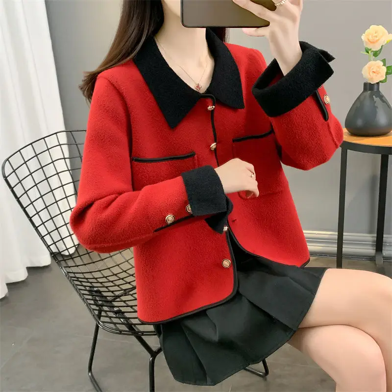 2023 New Skew Collar Knitted Long Sleeve Autumn Winter Slim Casual Solid Color Spliced Sweet Young Style Sweaters Cardigan