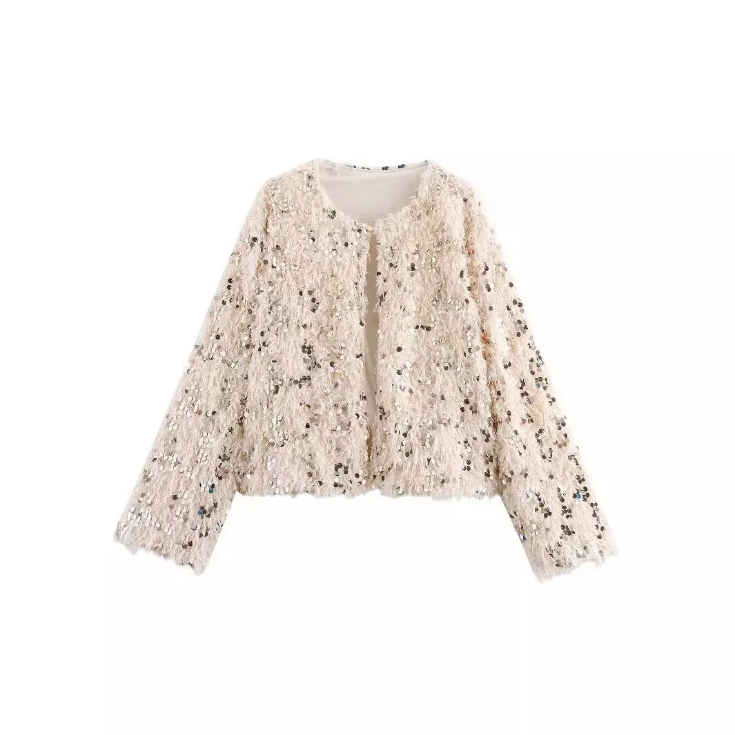 Women Elegant Round Neck Feather Sequin Knit Cardigan Blouse