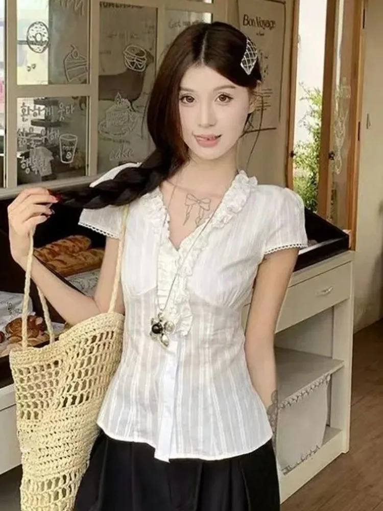 

Shirts Women Vintage Ruffles Patchwork Short Sleeve V Neck Slim Fashion Crop Tops Y2k Sweet Elegant Blouse Female
