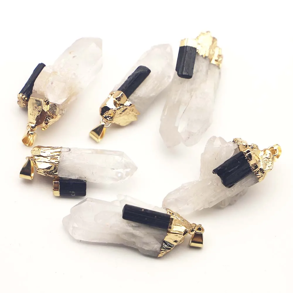 

Selling Natural Raw Ore Irregular White Crystal Column Pendant Inset Black Tourmaline Jewelry Necklace Accessories Wholesale6Pcs