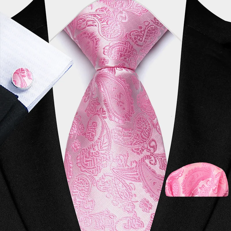 

Silm Floral Silk Necktie Jacquard Pocket Square Cufflinks Sets Business Party Barry Black Gold Pink Men Wedding Neck Tie