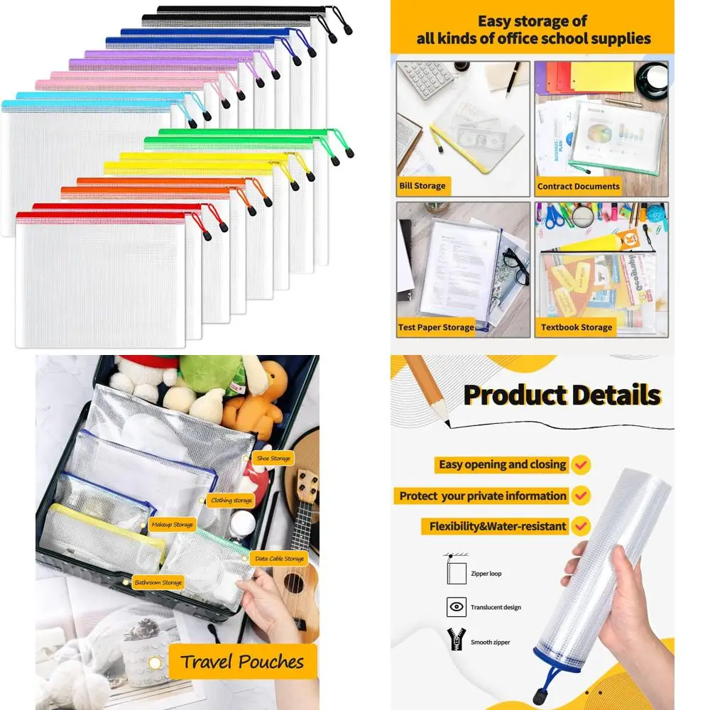 

Plastic Mesh Zipper Pouch 9x13 in (6 Colors, 18 Packs),Extra Large Water-Resistant Zip Bag for School Office Supplies, Puzzles