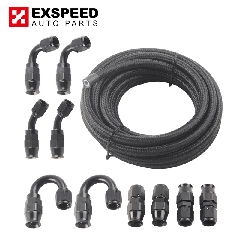 

6AN - AN6 Black Nylon Braided E85 PTFE Fuel Line 20ft 10 Fittings Hose Kit Gas Cooler Hose Braided Inside CPE Rubber