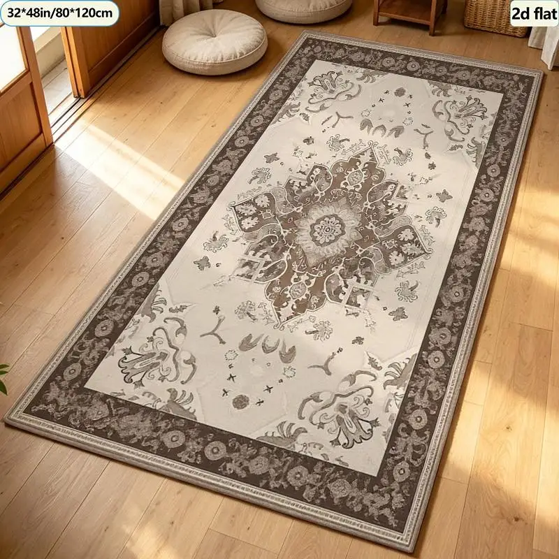 Simple Hollow Lace Border Carpet Flooring Minimalist Solid Center Square Rug Household Anti‑Slip Floor Decor Mat