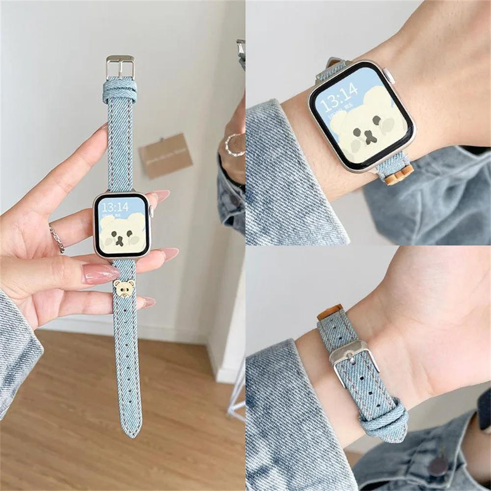 Cute Baby Bear Button Denim Slim Leather Watch Band For iWatch Series 8 7 6 5 4 3 SE Girl Strap For Apple Watch 41mm 40 44 45 49