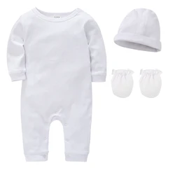 4 Pieces Muslin White Baby Clothing Set Newborn Romper+Hat+Mittens 100% Cotton Baby Boys Clothes For 0-3 Months