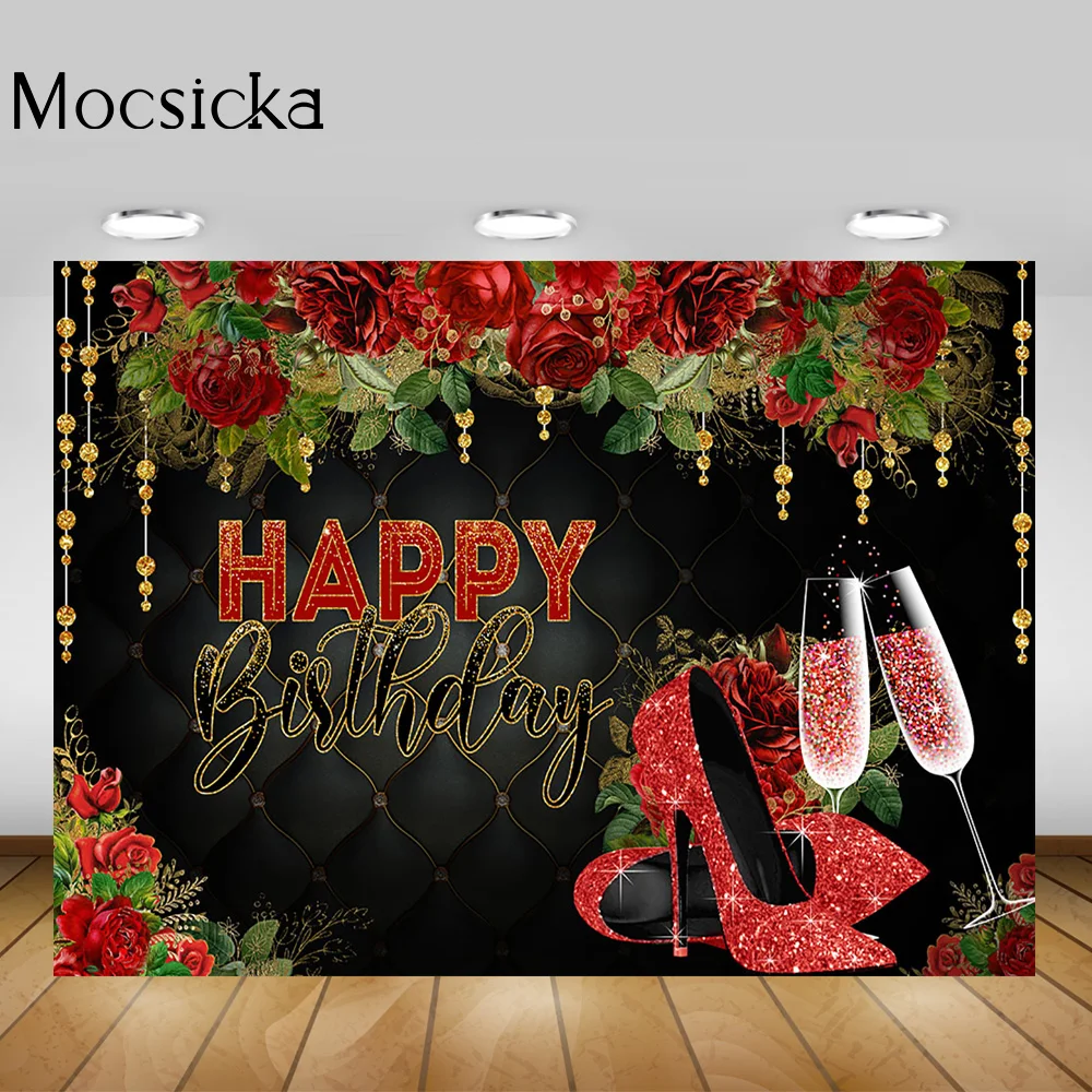 Red Rose Women Happy Birthday Backdrop Flowers Champagne Glitter High Heel Girl Birthday Cake Table Background Custom Party Prop