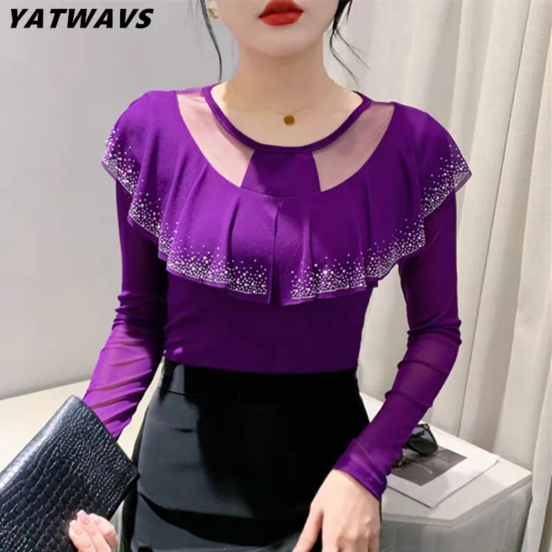 

2023 Autumn New Mesh T-Shirt Fashion O-Neck Hollowed Out Ruffles Hot Diamonds Tees Elegant Long-Sleeved Tops Women's Blusas