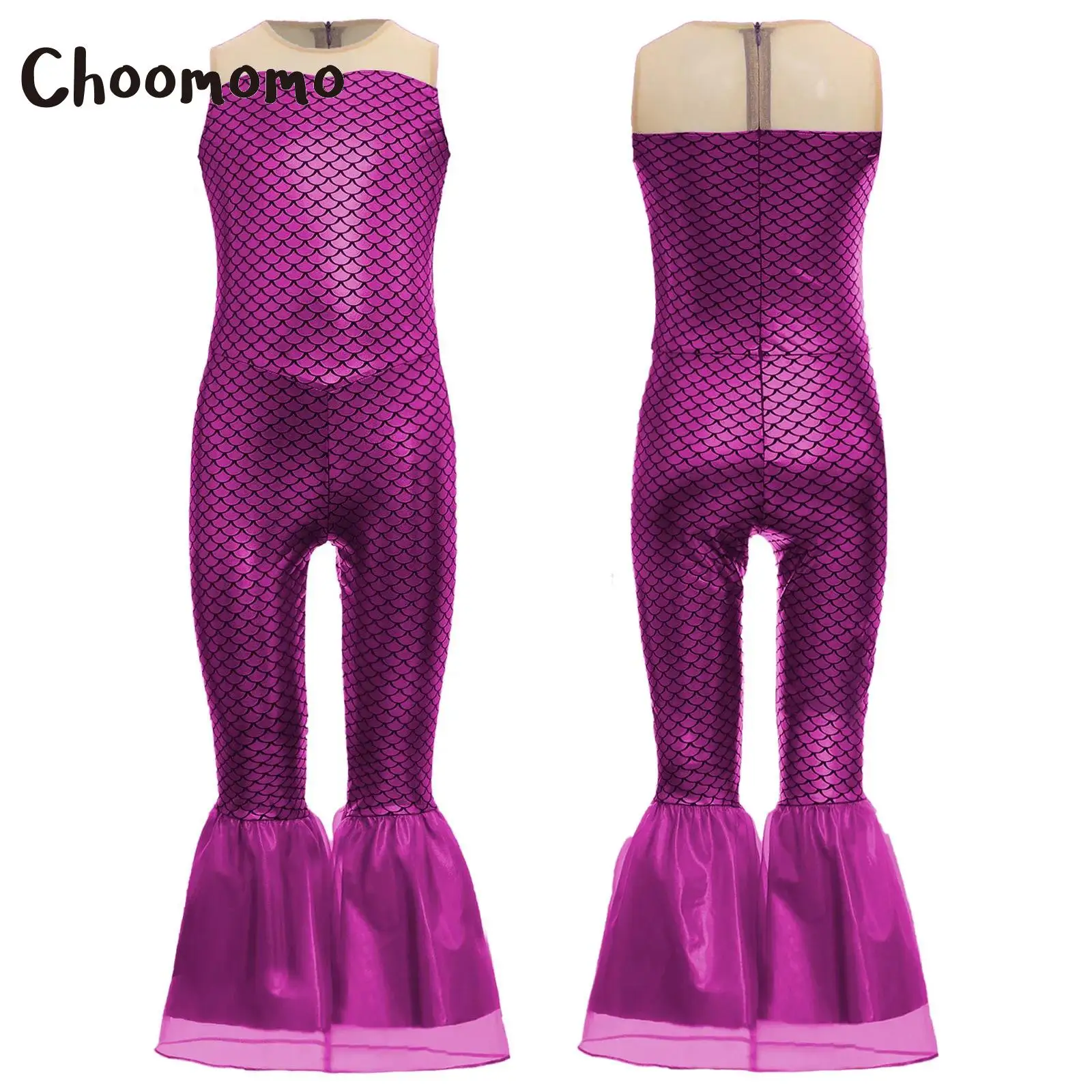 

Girls Halloween Mermaid Cosplay Costume Sleeveless Fish Scales Print Flared Mermaid Jumpsuit Halloween Party Carnivals Dress Up