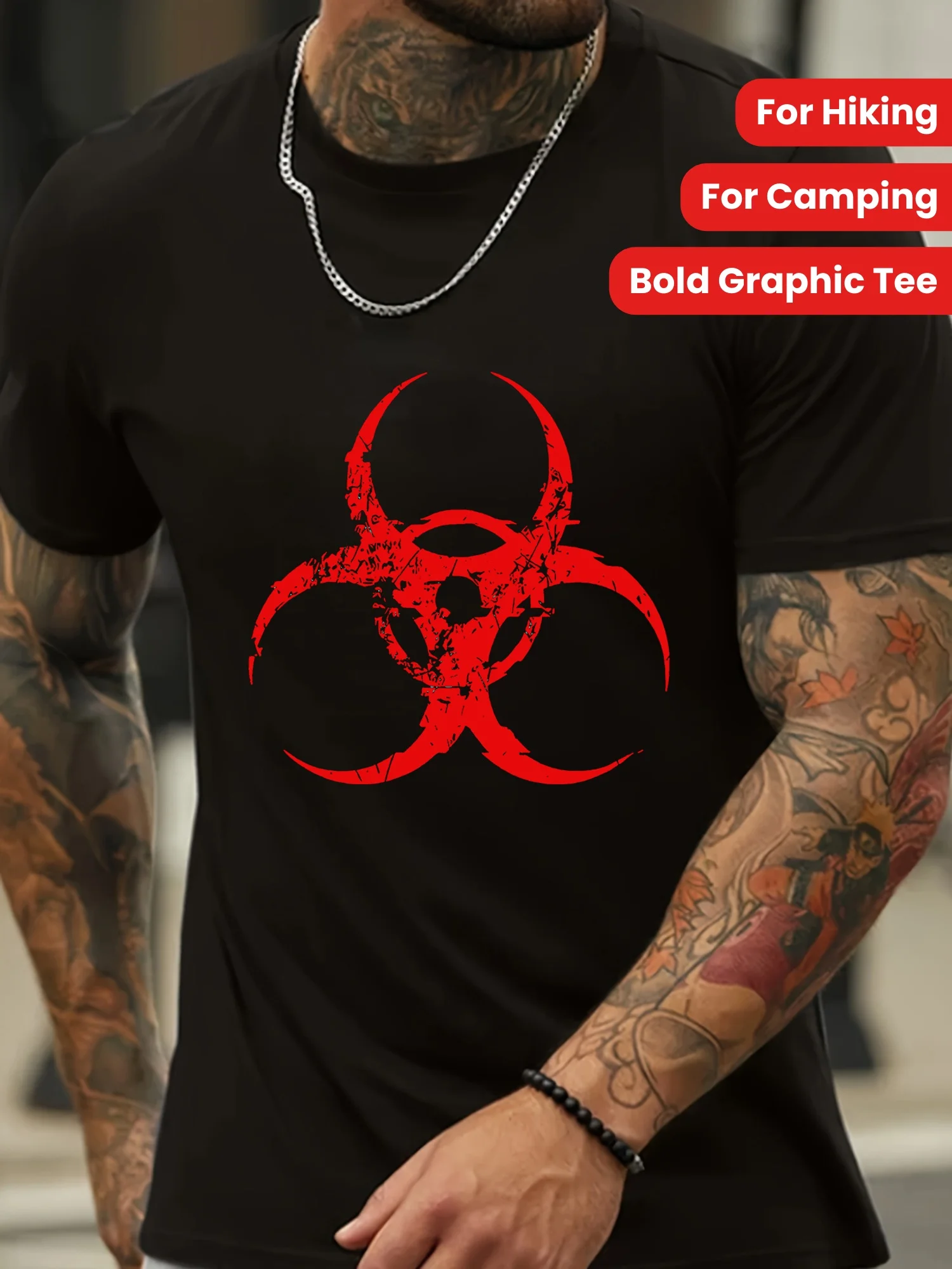 

Men's Black Cotton T-Shirt with Bold Red Biohazard Symbol Graphic, Crew Neck, Short Sleeve