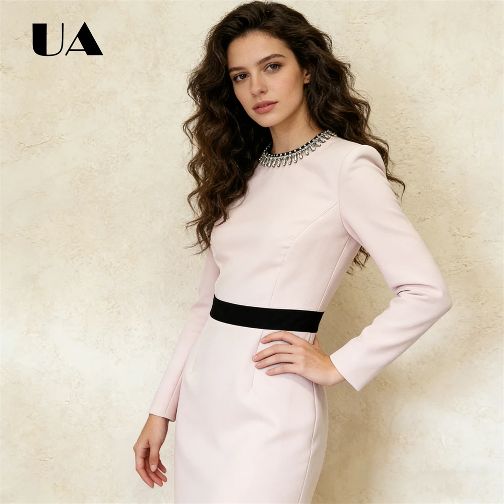 

Long-Sleeve Midi Dress with Crystal Collar & Black Waistband Women's Formal Dress for Prom Party Full Sleeved Cocktail Gown