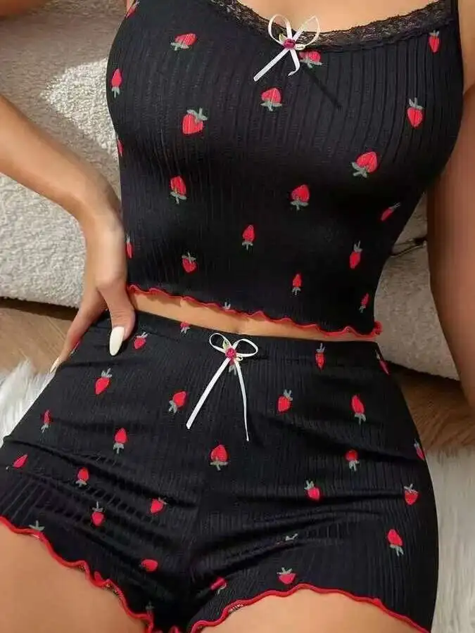 Sexy Women's Shorts Sets Lace Border Bowknot Strawberry Print Backless Deep V Suspenders Sleeveless Two-Piece Shorts Sets JK1J