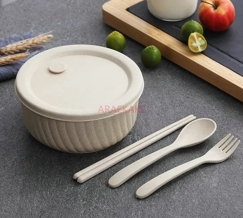 

Portable fresh-keeping bowl, single student with lid, impact resistant plastic salad bowl, wheat straw circular lunch box