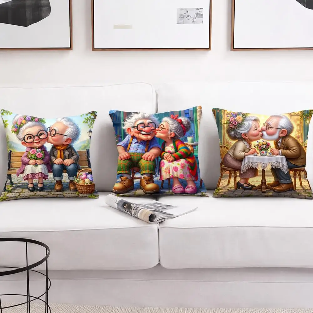 Elderly Couple Cartoon Grandparents Cushion Cover Soft Short Plush Pillow Cases Hidden Zipper Sofa Bedroom Home Decor Gift