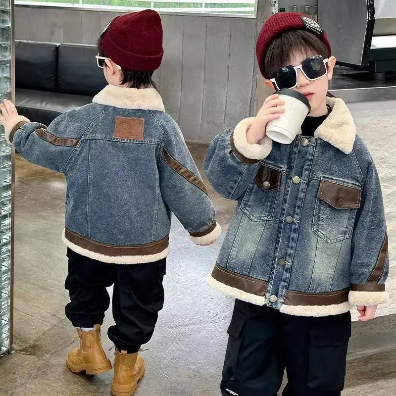 

2025 New Boys Velvet Coat Autumn And Winter Children's Thick and Warm Denim Jacket Top 90-160CM