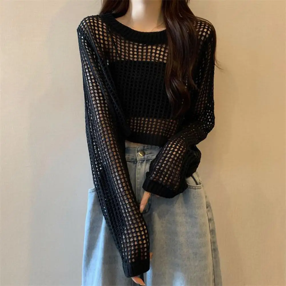 Solid Color Blouse Simple Design Tops Women’s Summer Pullover Tops Loose Fit Hollow Design Blouses Solid Color Thin Sun