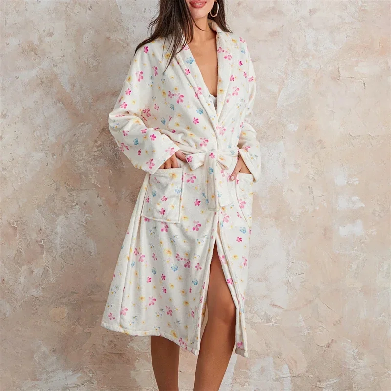 Túnica de flanela feminina com cinto, roupa de dormir, estampa floral, roupão de gola xale, quimono, pijama quente, roupas de inverno