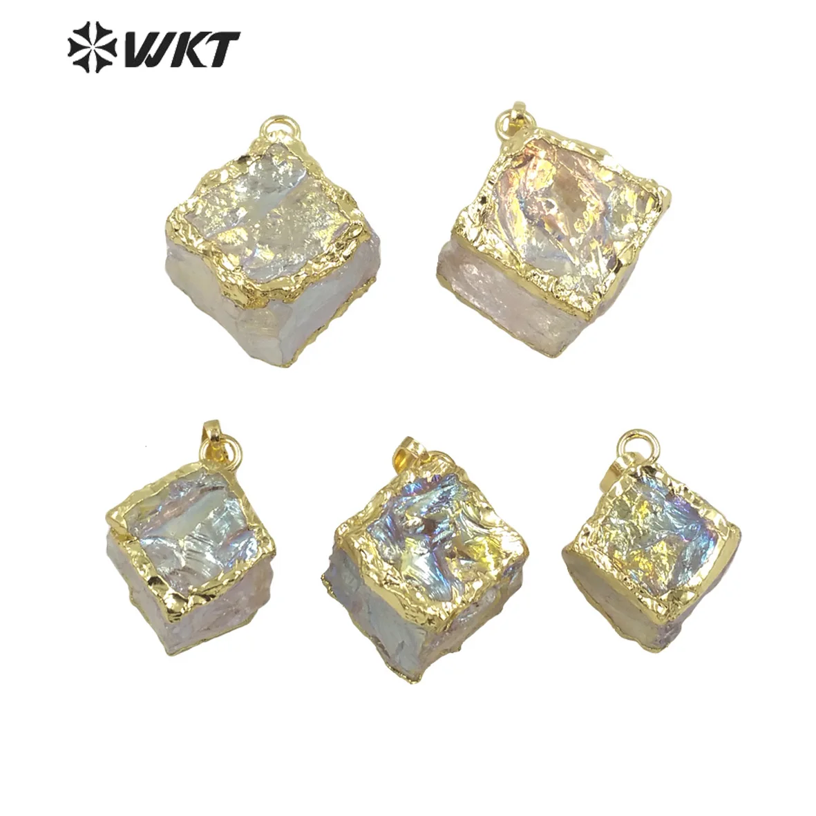 WT-P1778 Healing Energy Stone Pendant Necklace Women Natural Crystal Cube Aura quartz Pendant Electroplating AB Color Pendant