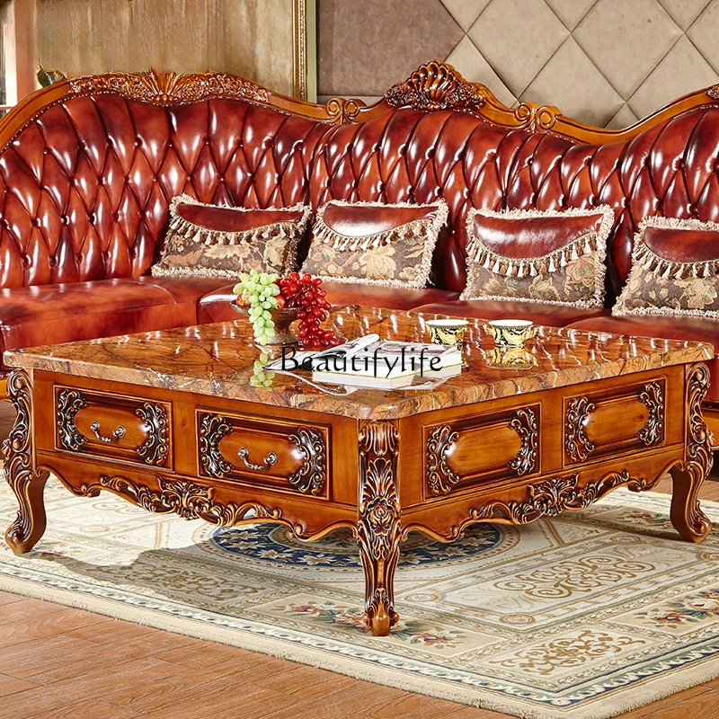 

European style large coffee table square solid wood carving flower marble coffee table