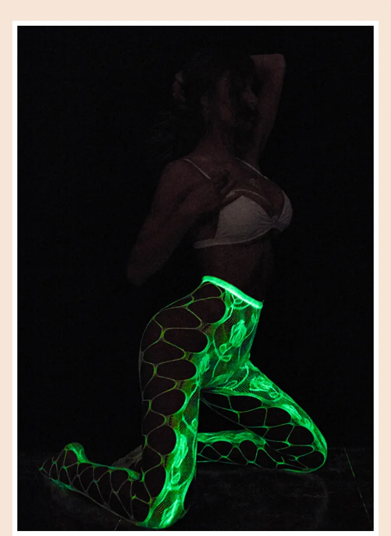 توهج الظلام شبكة صيد السمك الجوارب النسائية الضوء الأخضر جوارب الحفلات انظر من خلال شبكة كلوبوير المثيرة الملابس الداخلية ملابس رقص #6