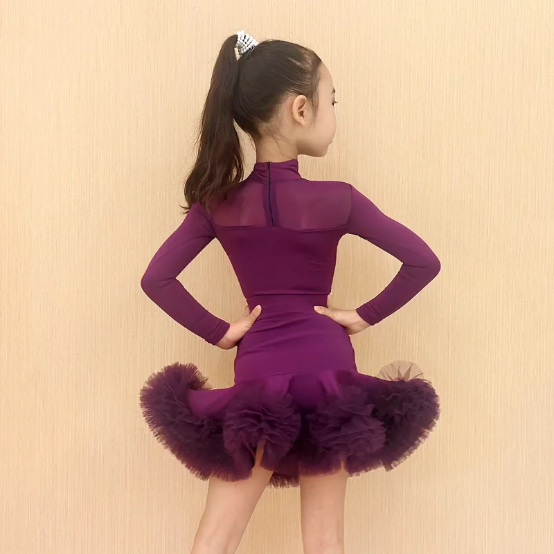 

Платье для латинских танцев для девочек, пачка с длинными рукавами и рюшами, детский костюм для выступлений, юбка для соревнований, румбы, танго