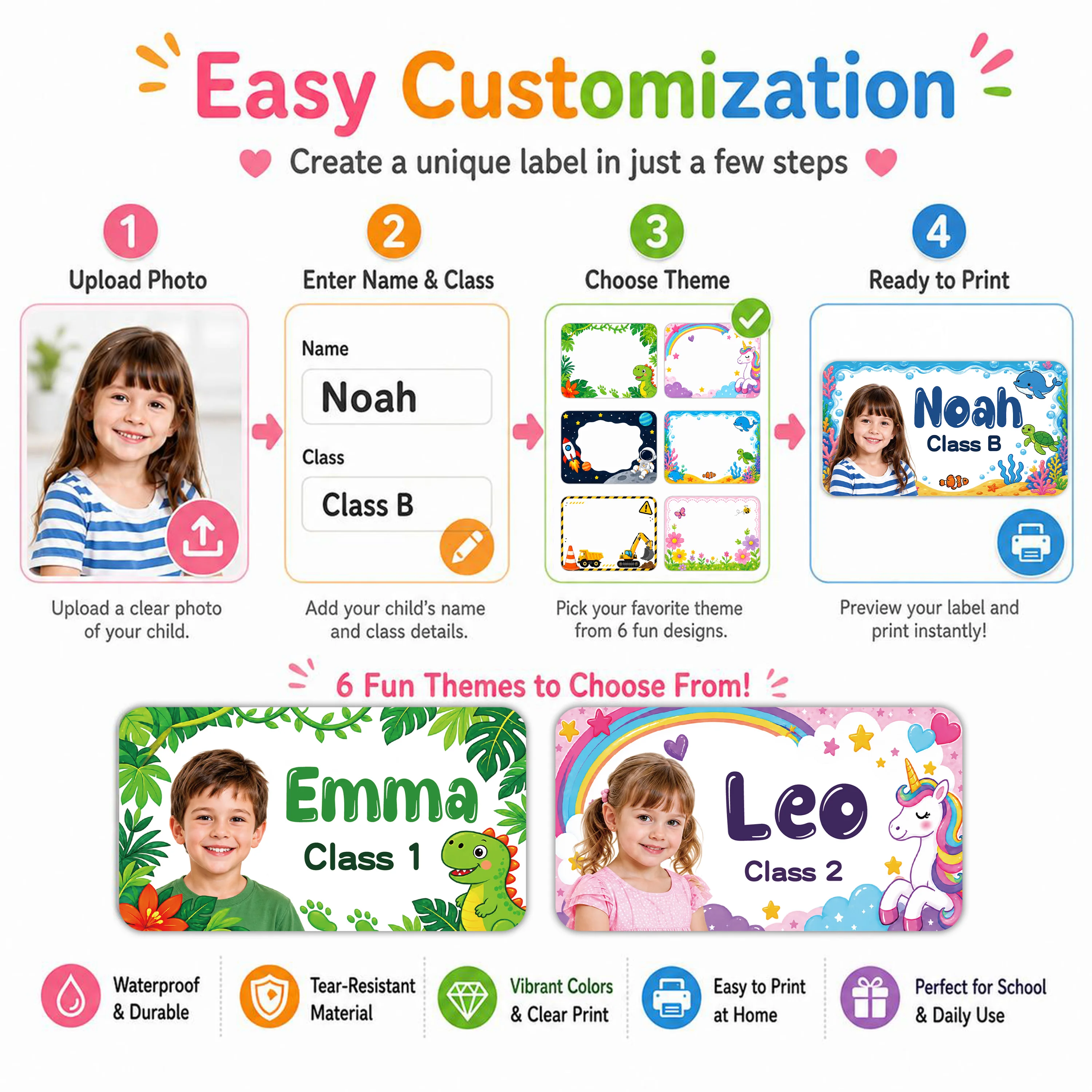 108Pcs Custom Name Photo Labels, 4cm Waterproof Personalized Stickers, 6 Theme Designs for Bottles, Books, School Supplies