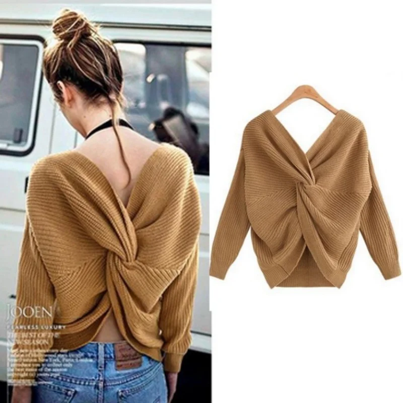 Women Autumn Winter V-neck Sweater Sexy Backless Reversible Pullovers Tops New Fashion Solid Irregular Cross-knotting Knitwear