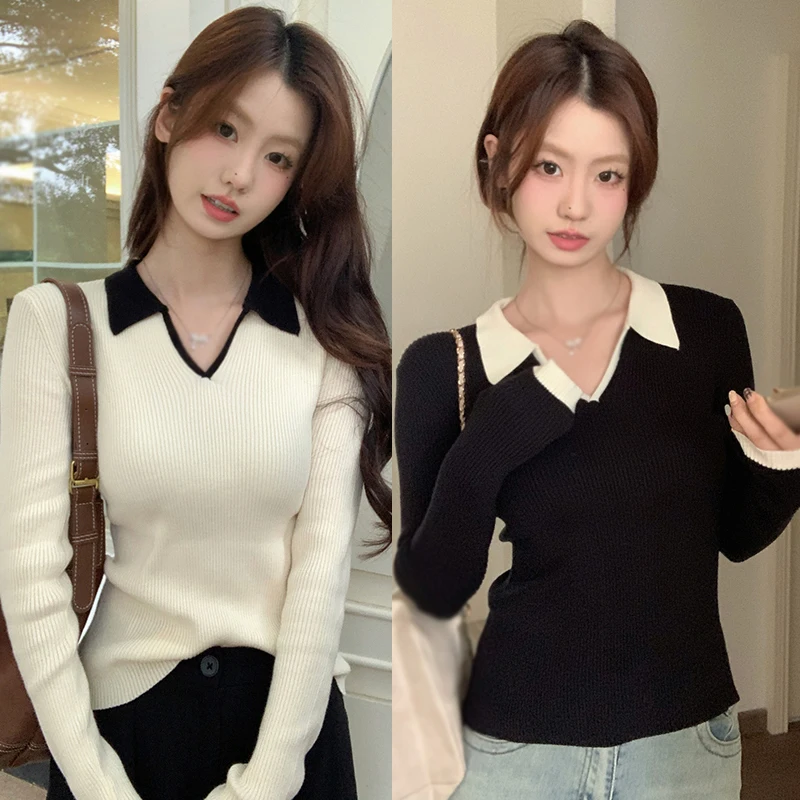 Women\'s Knitted Top Turndown Collar Korean Version Contrasting Colors Casual Fashion Simplicity Knitted Long Sleeves