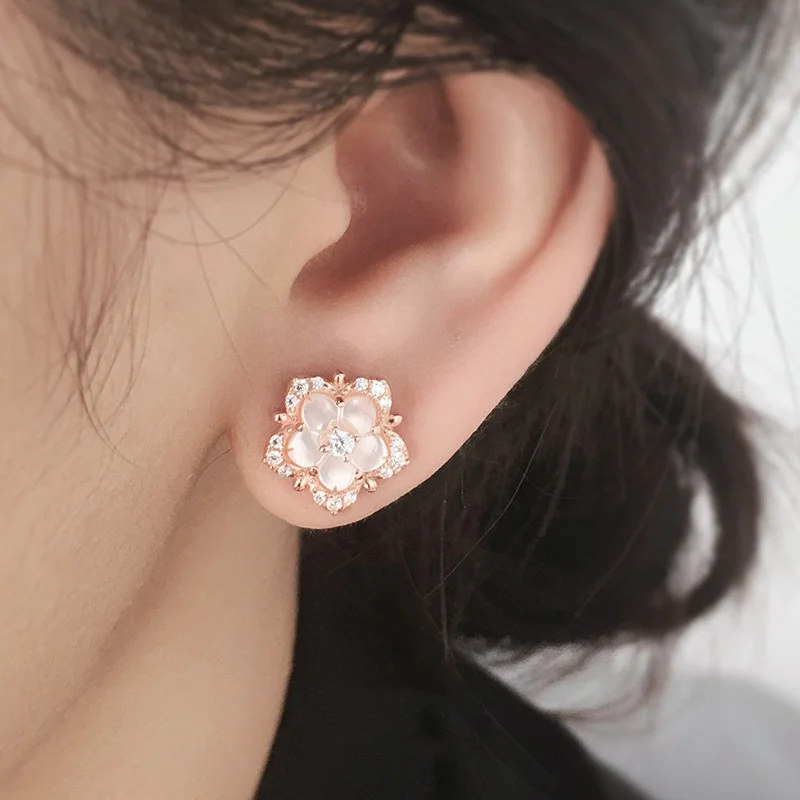 925 Sterling Silver Stud Earrings Plated  Crystal Five Star Flower Ear Women Party Wedding Fine Jewelry